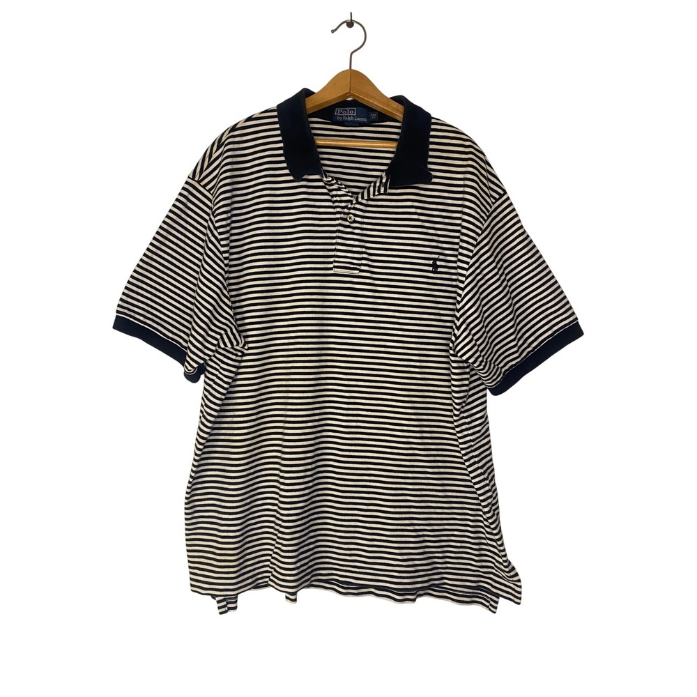Polo‎ Ralph Lauren Mens 2XB Big Striped Polo Shirt Navy Blue White Cotton Pique